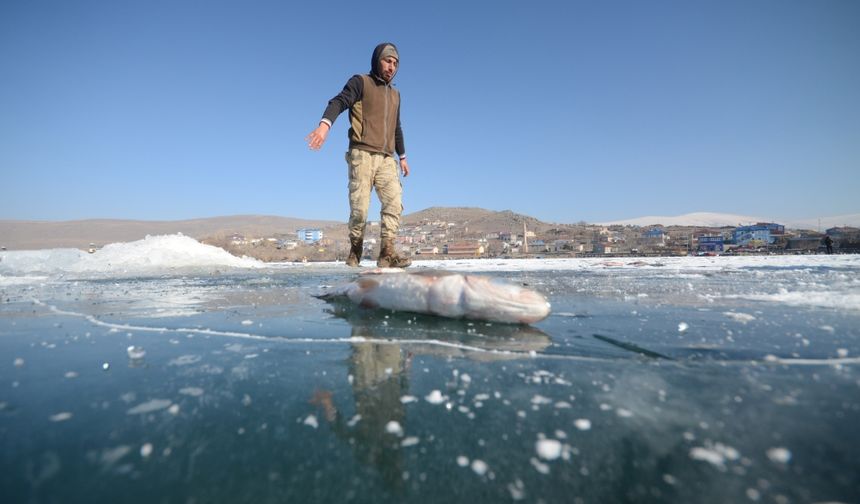 Eskimo usulü balık avlayan kadın, ekmeğini buzun altından çıkartıyor